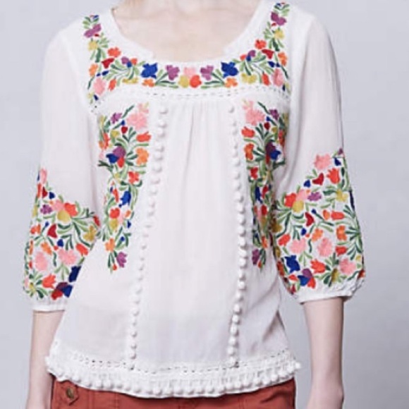 Anthropologie Vanessa Virginia Embroidered Cotton Pom Pom Peasant Top - Sz 2 - Picture 2 of 14